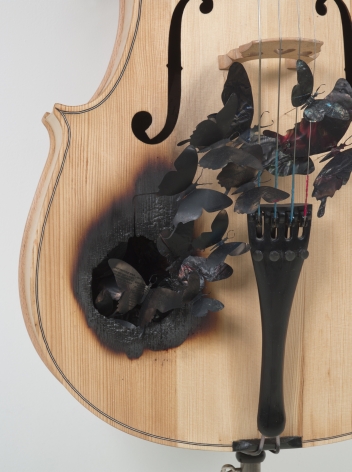 PAUL VILLINSKIFable&nbsp;[detail], 2010found cello and&nbsp;aluminum cans, soot, wire96 x 65 x 16 inches